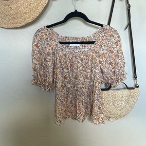 Orange floral printed short sleeved blouse